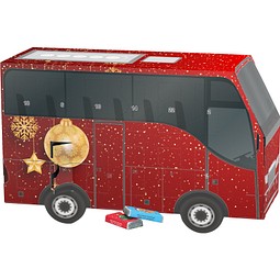 Adventskalender Bus, Alpenmilch-Schokotäfelchen, Christbaumkugeln Gold