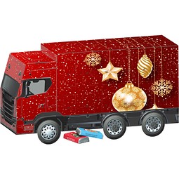 Adventskalender LKW,  Alpenmilch-Schokotäfelchen, Christbaumkugeln Gold