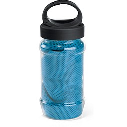 ARTX PLUS. Sporthandtuch aus Polyamid und Polyester mit Flasche (440 mL) aus PP und PET und einem integrierten Karabinerhaken am Deckel, Hellblau