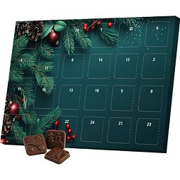 Classic Tisch Adventskalender, Blister gefüllt mit kakaofreier Schokoladen-Alternative, Edle Tannenzweige