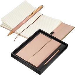 Recycled Leder Geschenkset  Notizbuch mit Metall-Kugelschreiber, kupfer