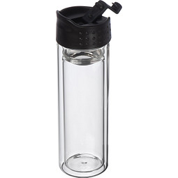 Doppelwandige Vakuum-Glasflasche mit Siebeinsatz, 400 ml, transparent