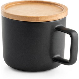FANGIO. Tasse aus Keramik 220ml mit Deckel aus Bambus, der als Untersetzer dient, Schwarz