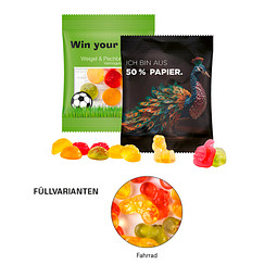 Minitüte, 15 g, Trolli Fruchtgummi Fahrrad, inkl. Druck, weiße Folie mit Papieranteil