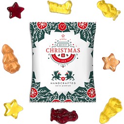 Fruchtgummi Vegan Weihnachtsedition, weiße kompostierbare Folie, inkl. Druck
