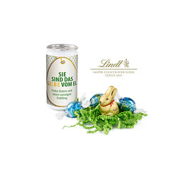 Lindt-Oster-Überraschung, Das Nest in der Dose, Etikett Sie sind das Gelbe vom Ei