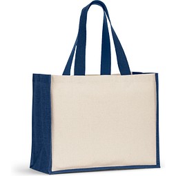 HELSINQUE COLOUR. Tasche aus Canvas (320 g/m²), mit Boden und Seiten aus farbig laminierter Jute (350 g/m²), Blau