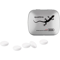 Klapp Dose, mentos® Kaudragee Mint, inkl. Druck, matt-silberne Dose