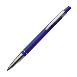 Druckkugelschreiber aus Metall mit silbernem Schaftring, blaue Mine, blau