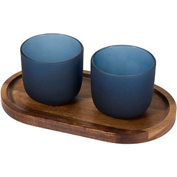 Male Set aus Holztablett und Glastassen, matt, hale blau
