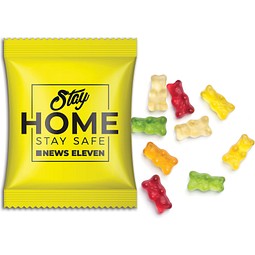 Mini-Gummibärchen vegan im Werbetütchen, 15 g, weiße kompostierbare Folie, inkl. Druck