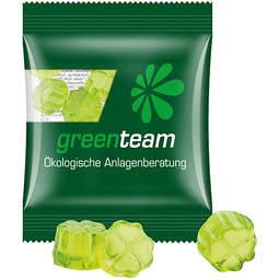 Minitüte 10 g, kompostierbare Folie transparent, Trolli Fruchtgummi Kleeblatt, inkl. Druck