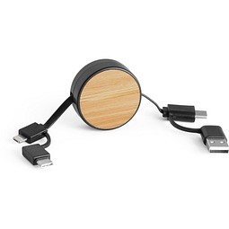 RUBINS. 6-in-1-USB-Kabel ausziehbar aus Recyceltes ABS (100% rABS) und Bambus, Schwarz