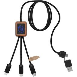 SCX.design C38 3-in-1 Ladekabel aus rPET in quadratischem Bambusgehäuse mit Leuchtlogo, blau