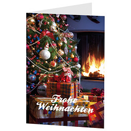 Grußkarte Weihnachten, Motiv Geschenke am Kamin, Danke an Partner