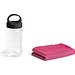 ARTX PLUS. Sporthandtuch aus Polyamid und Polyester mit Flasche (440 mL) aus PP und PET und einem integrierten Karabinerhaken am Deckel, Rosa