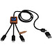 SCX.design C38 3-in-1 Ladekabel aus rPET in quadratischem Bambusgehäuse mit Leuchtlogo, blau